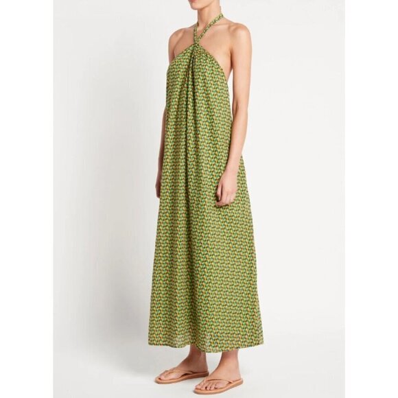 Faithfull The Brand Maxi Dress 10 Halter A-Line Green Cotton Check Rio Print, XL - Picture 1 of 5